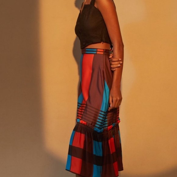 Anthropologie Eva Franco Flounced Midi Skirt plaid satin ruffle 8 NWT - Picture 5 of 7